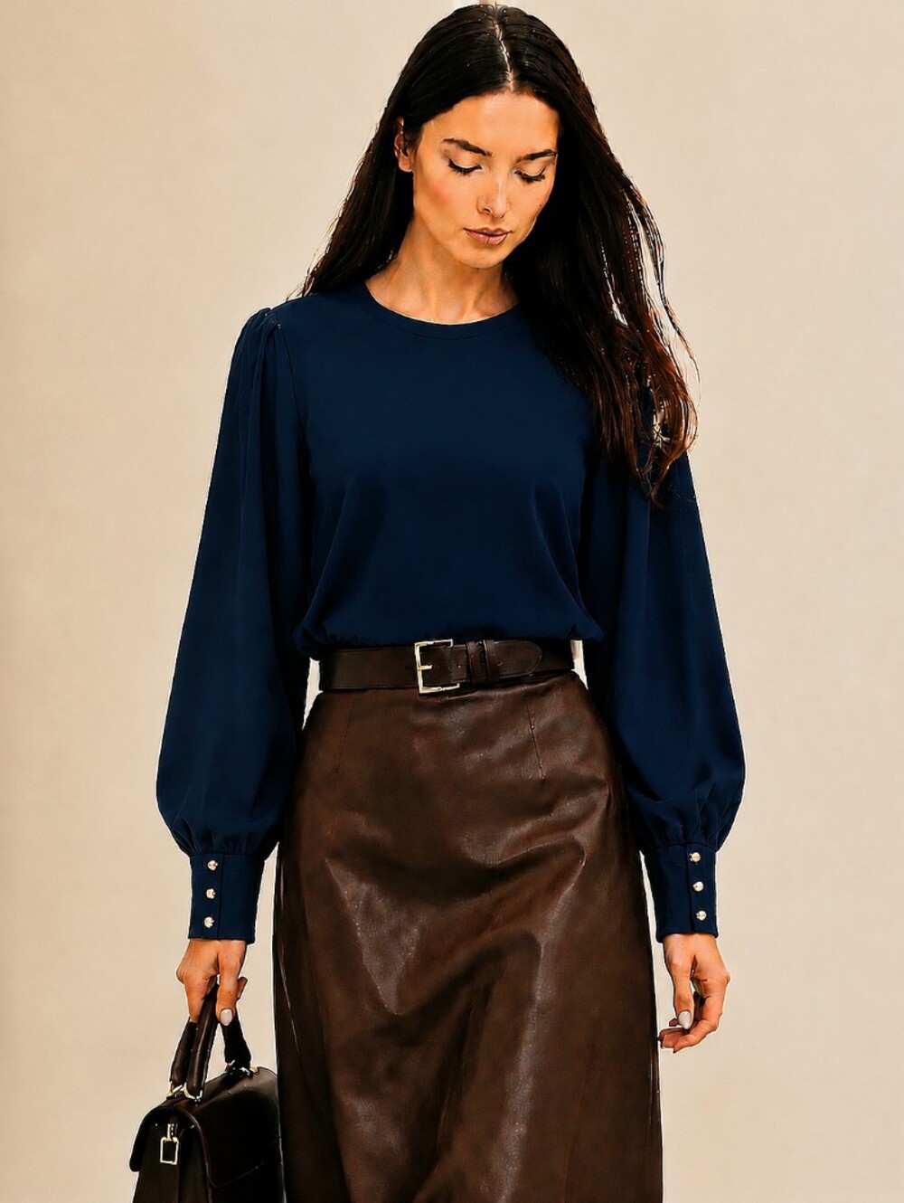 MICHAEL KORS🐞Navy Cotton Blouse with Puff and Pleated Sheer Sleeves Sz: L
